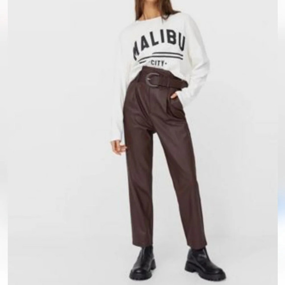 ASOS Strativarious paper bag waist faux leather pants SZ  2 - Picture 2 of 10
